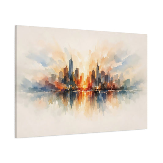 Watercolor Abstract Urban Skyline shown as stretched canvas wall art