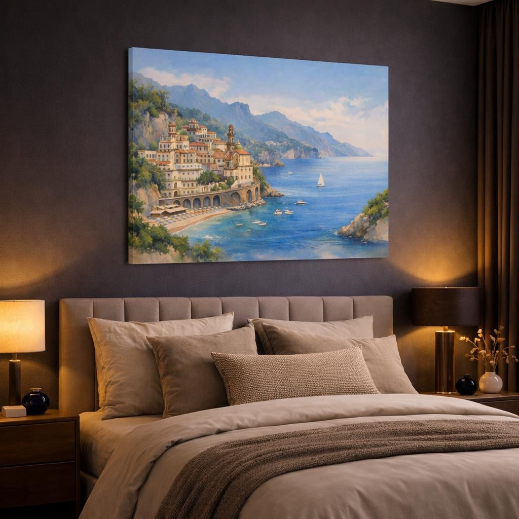 Watercolor Amalfi Coast shown as canvas wall art in a luxury bedroom