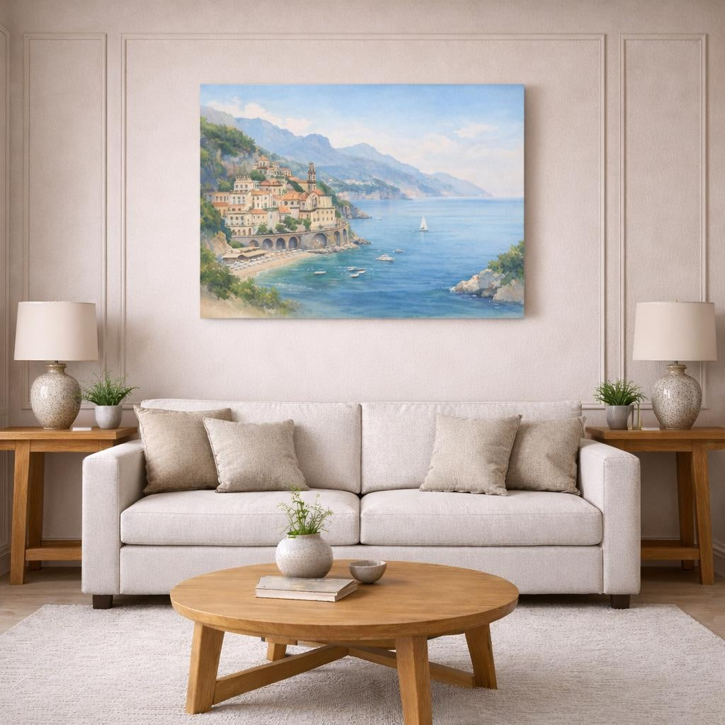 Watercolor Amalfi Coast shown as canvas wall art in a modern living room