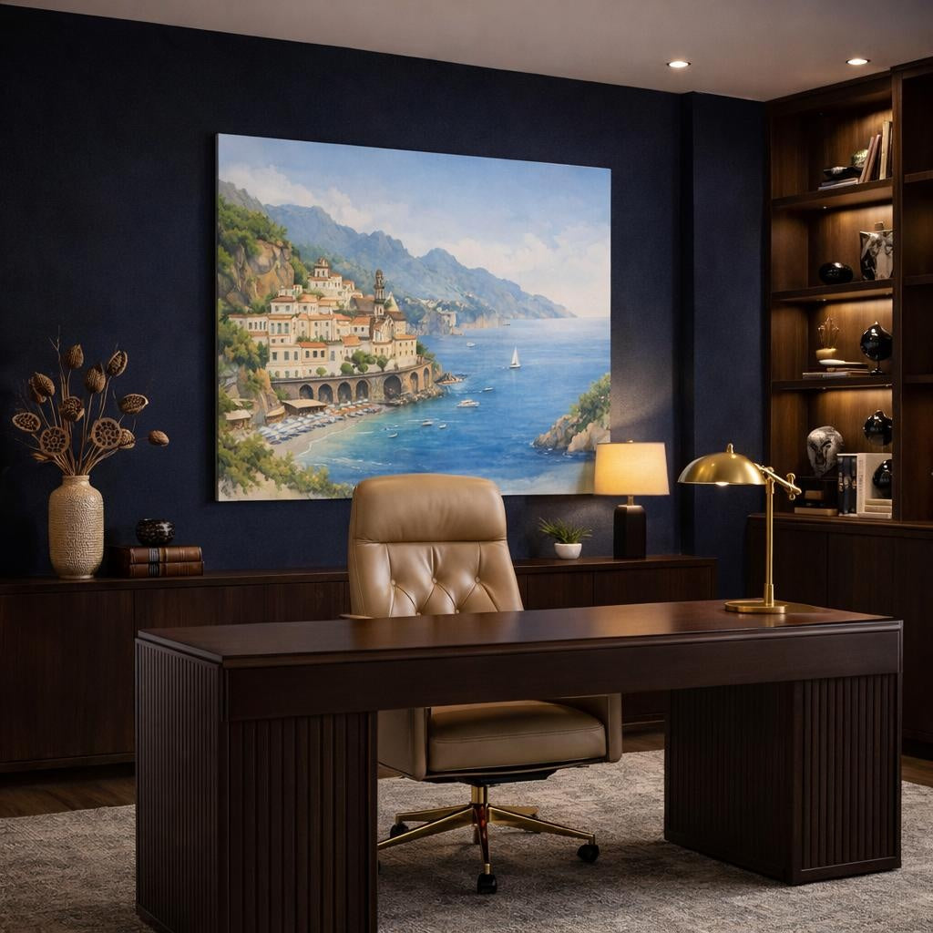 Watercolor Amalfi Coast shown as canvas wall art in a refined dining room