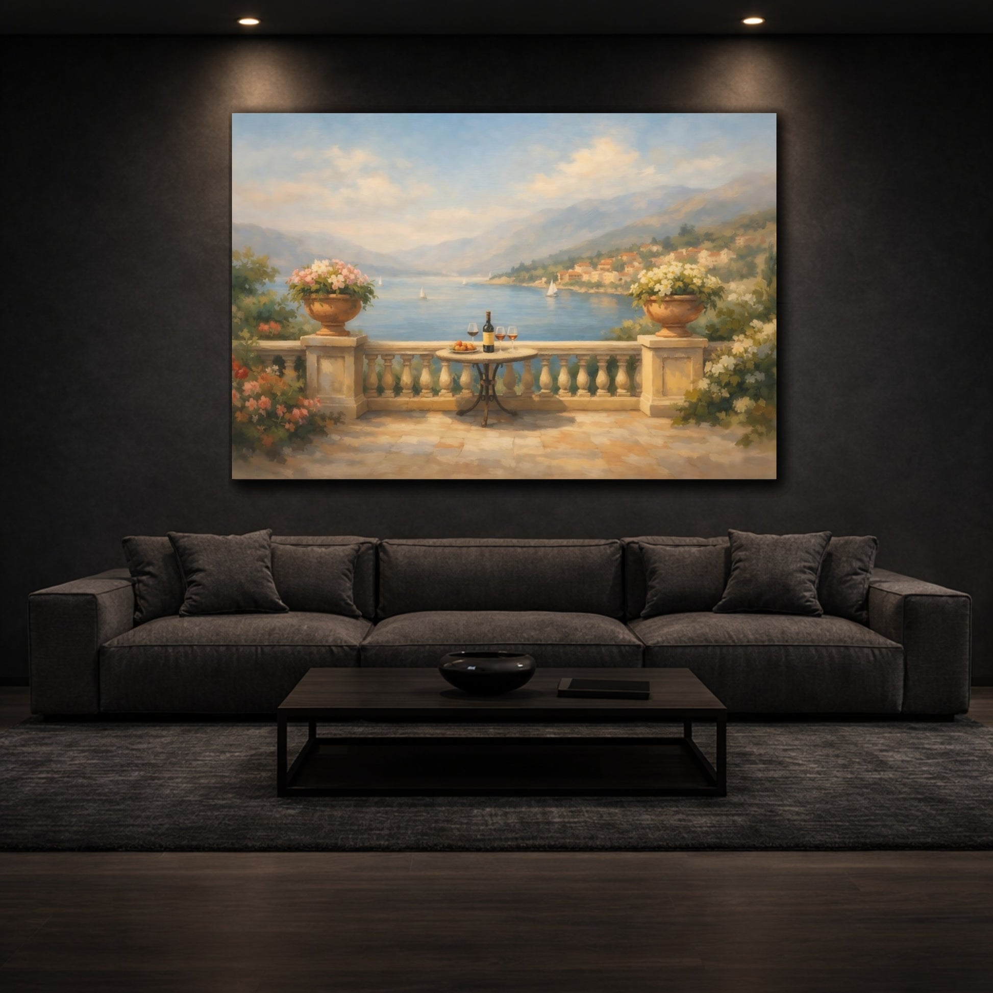 Mockup 2. Watercolor Balcony Wide View Scene shown as stretched canvas wall art