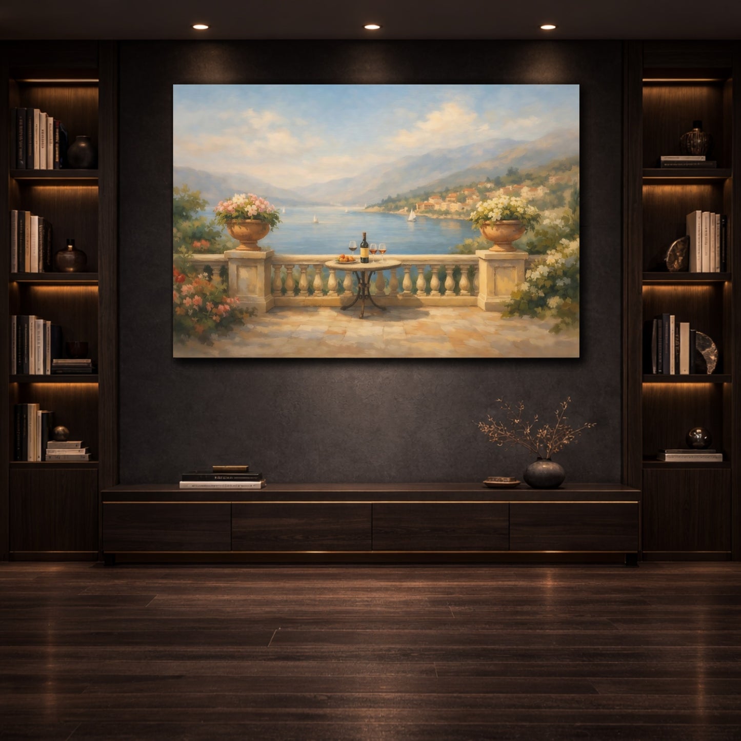 Mockup 3. Watercolor Balcony Wide View Scene shown as stretched canvas wall art