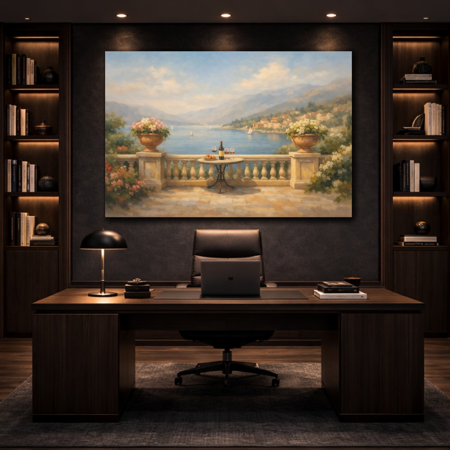 Mockup 4. Watercolor Balcony Wide View Scene shown as stretched canvas wall art