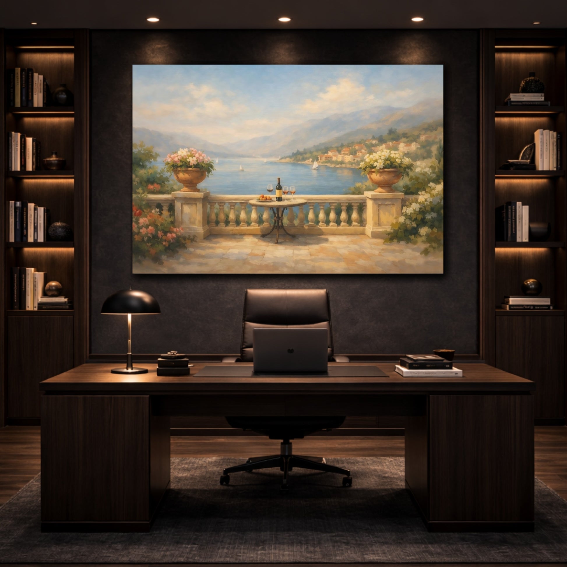 Mockup 4. Watercolor Balcony Wide View Scene shown as stretched canvas wall art