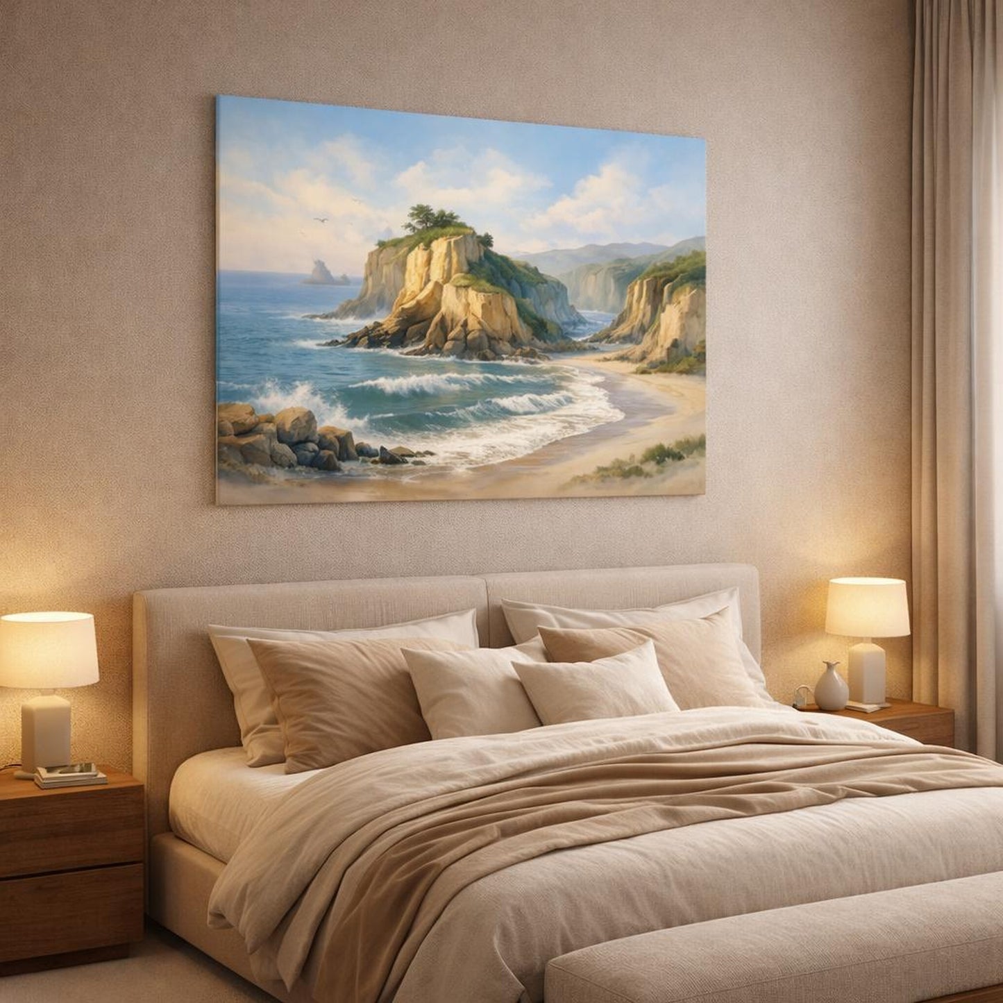 Watercolor Beach Cliffs shown as canvas wall art in a luxury bedroom