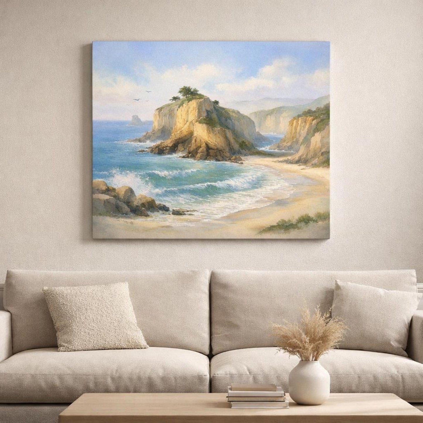 Watercolor Beach Cliffs shown as canvas wall art in a refined dining room