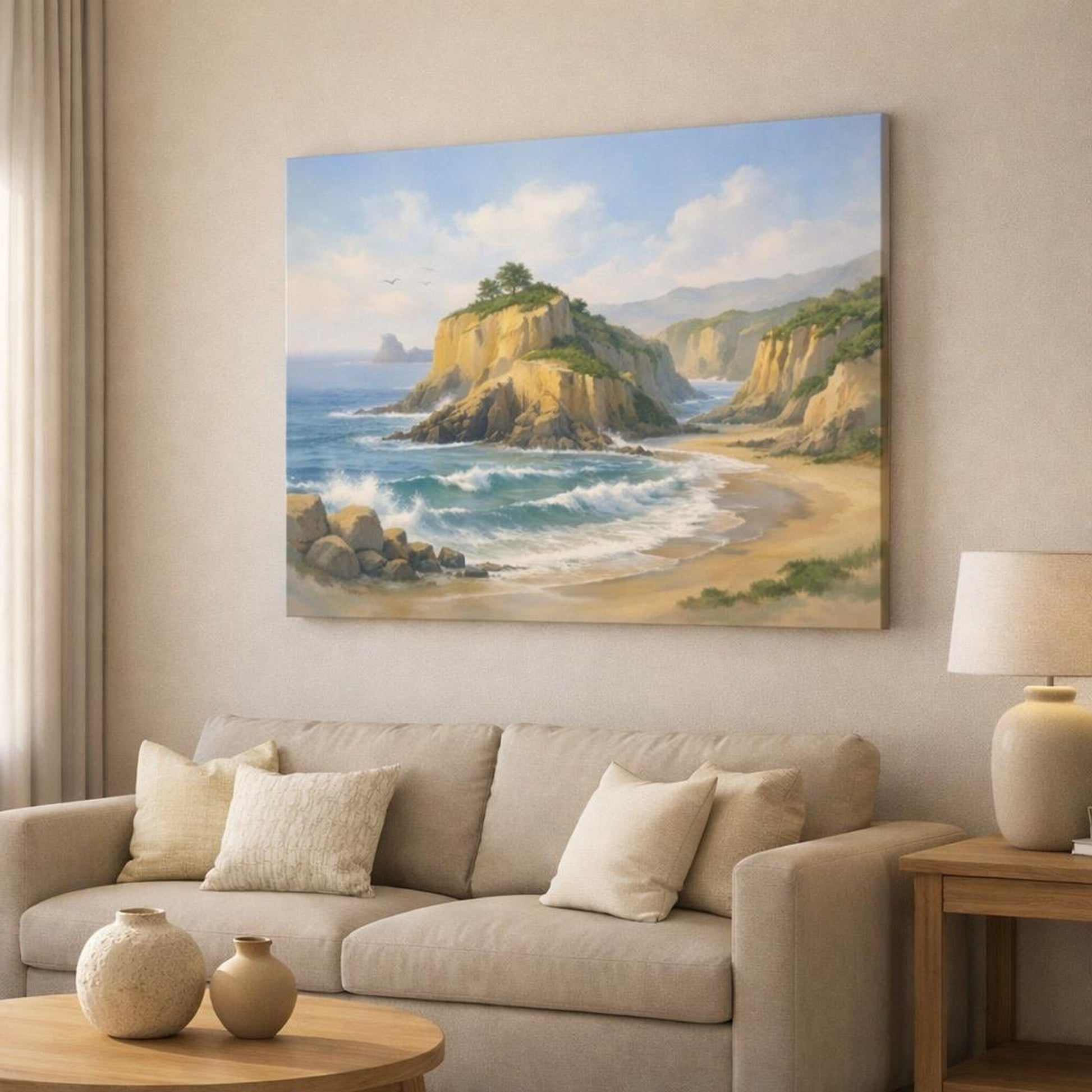 Watercolor Beach Cliffs shown as canvas wall art in a modern living room