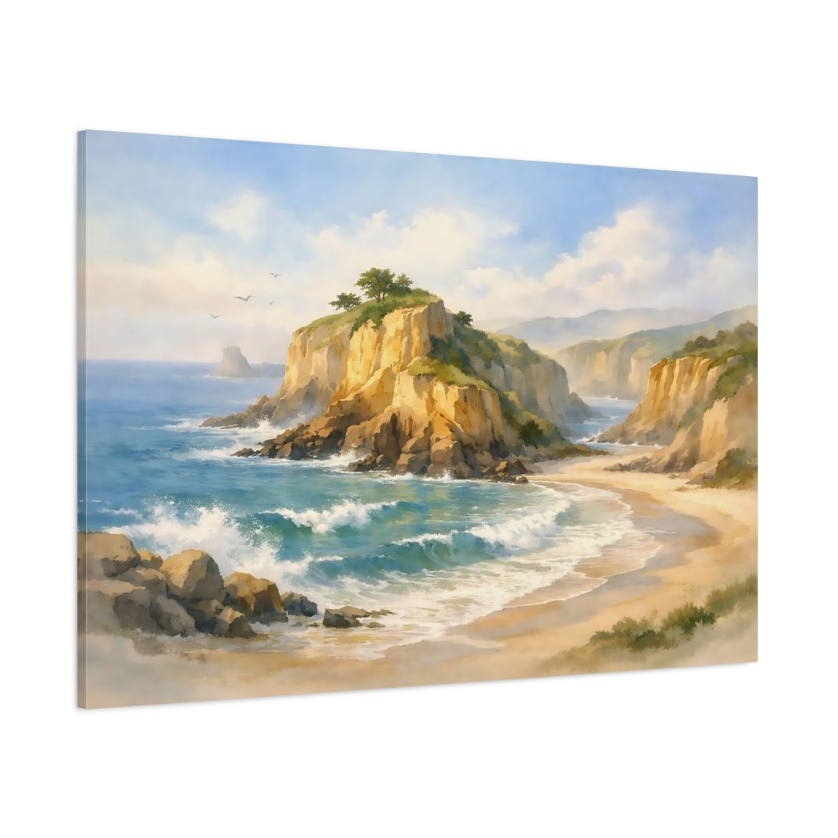 Watercolor Beach Cliffs shown as stretched canvas wall art