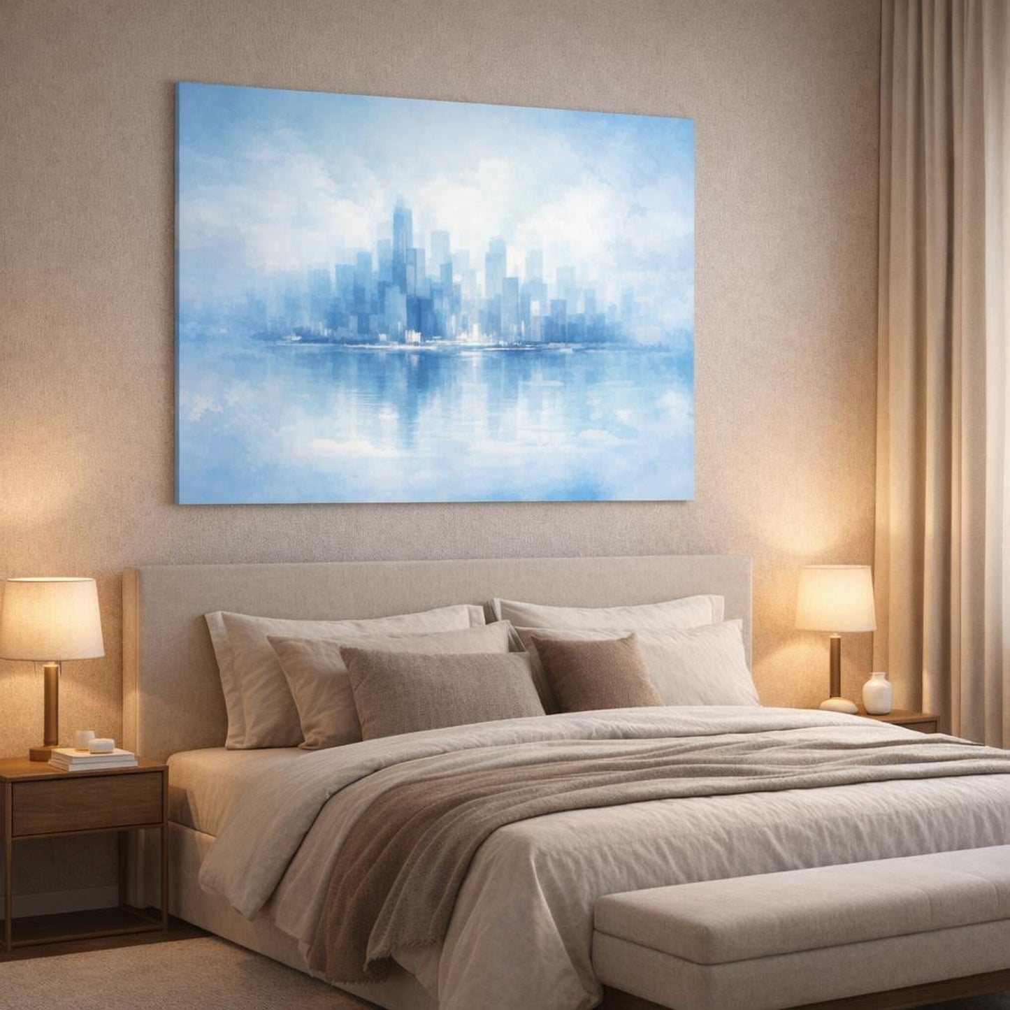 Watercolor Blue Urban Abstract shown as canvas wall art in a luxury bedroom