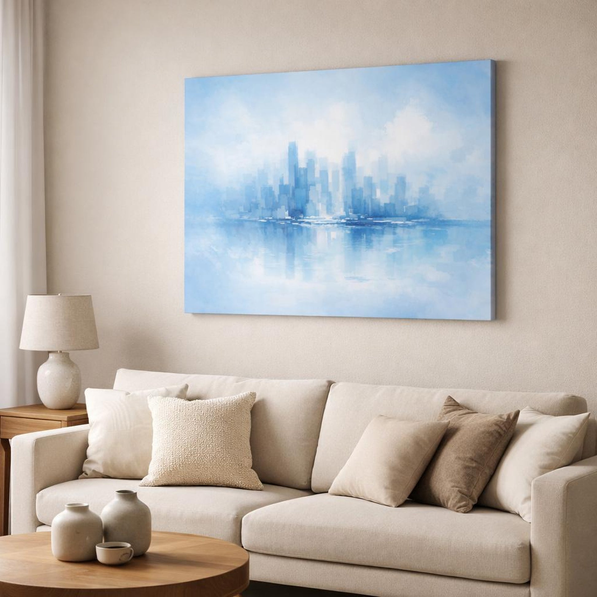 Watercolor Blue Urban Abstract shown as canvas wall art in a modern living room