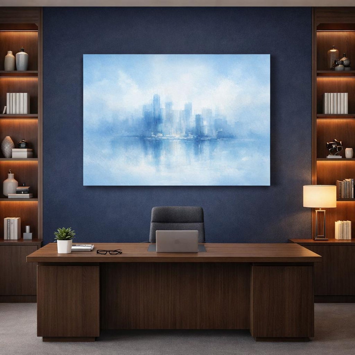 Watercolor Blue Urban Abstract shown as canvas wall art in a luxury executive office