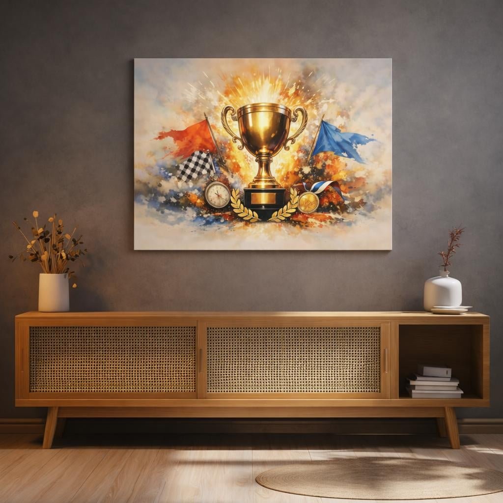 Watercolor Championship Trophy Golden Sports - Canvas Wall Art Print - YesArtYes