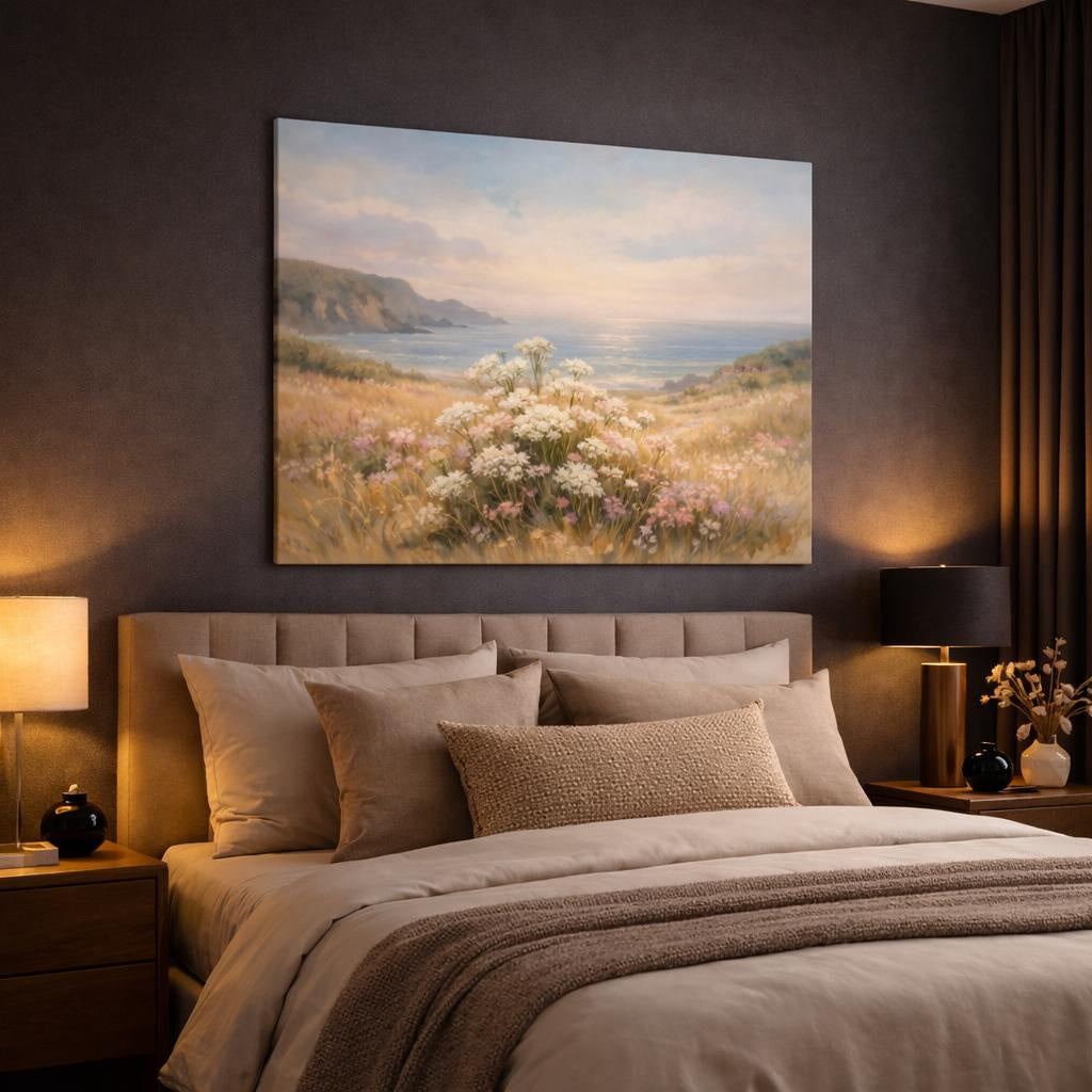 Watercolor Coastal Meadow shown as canvas wall art in a luxury bedroom