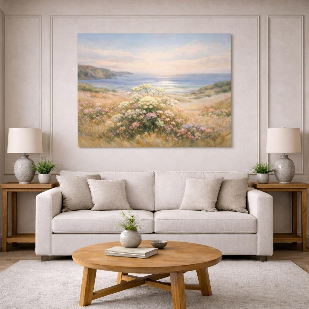 Watercolor Coastal Meadow shown as canvas wall art in a modern living room