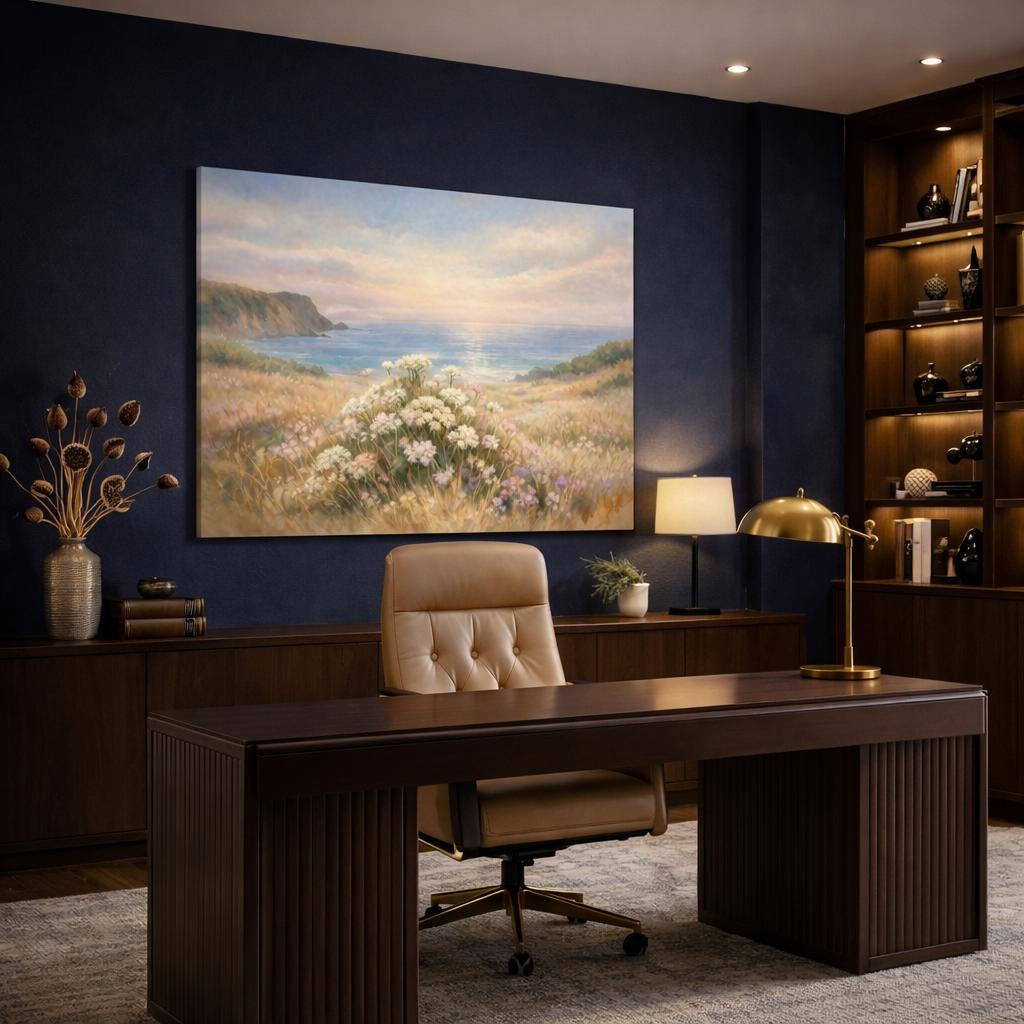Watercolor Coastal Meadow shown as canvas wall art in a refined dining room