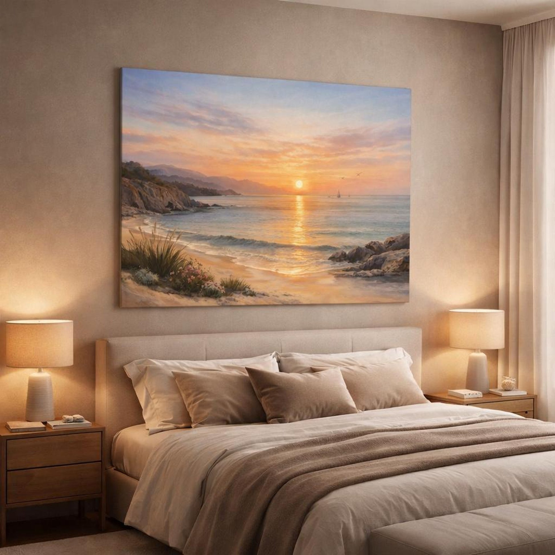 Watercolor Coastal Sunset shown as canvas wall art in a luxury bedroom