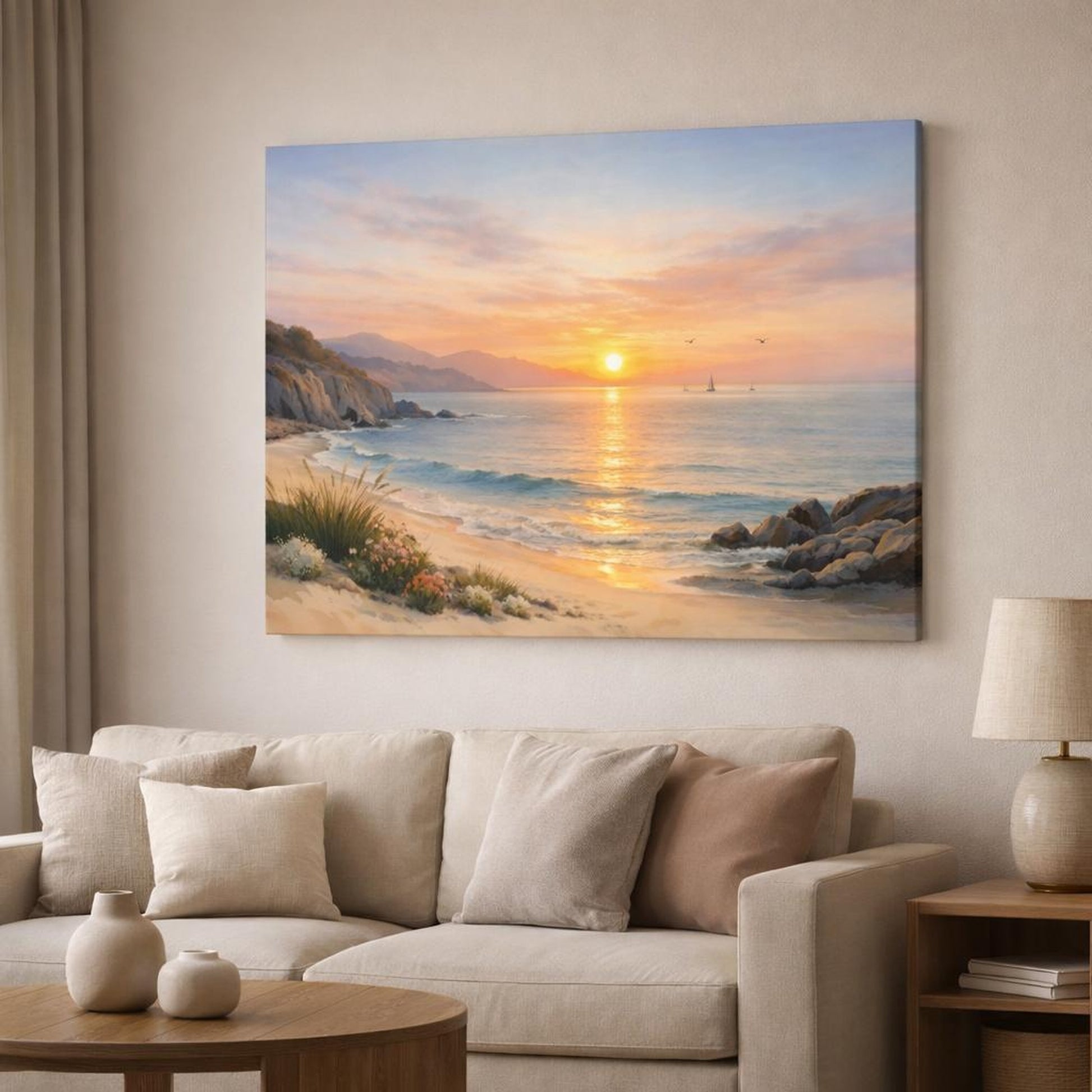 Watercolor Coastal Sunset shown as canvas wall art in a modern living room