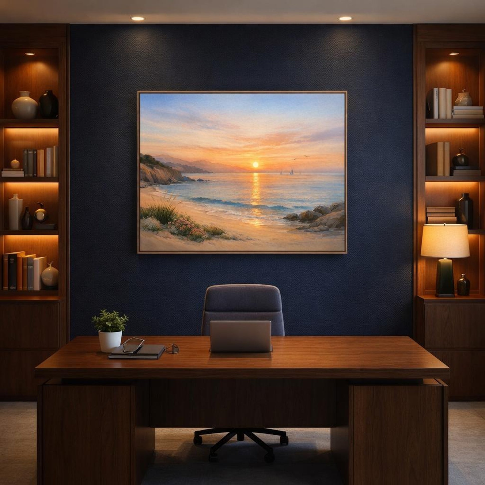 Watercolor Coastal Sunset shown as canvas wall art in a refined dining room