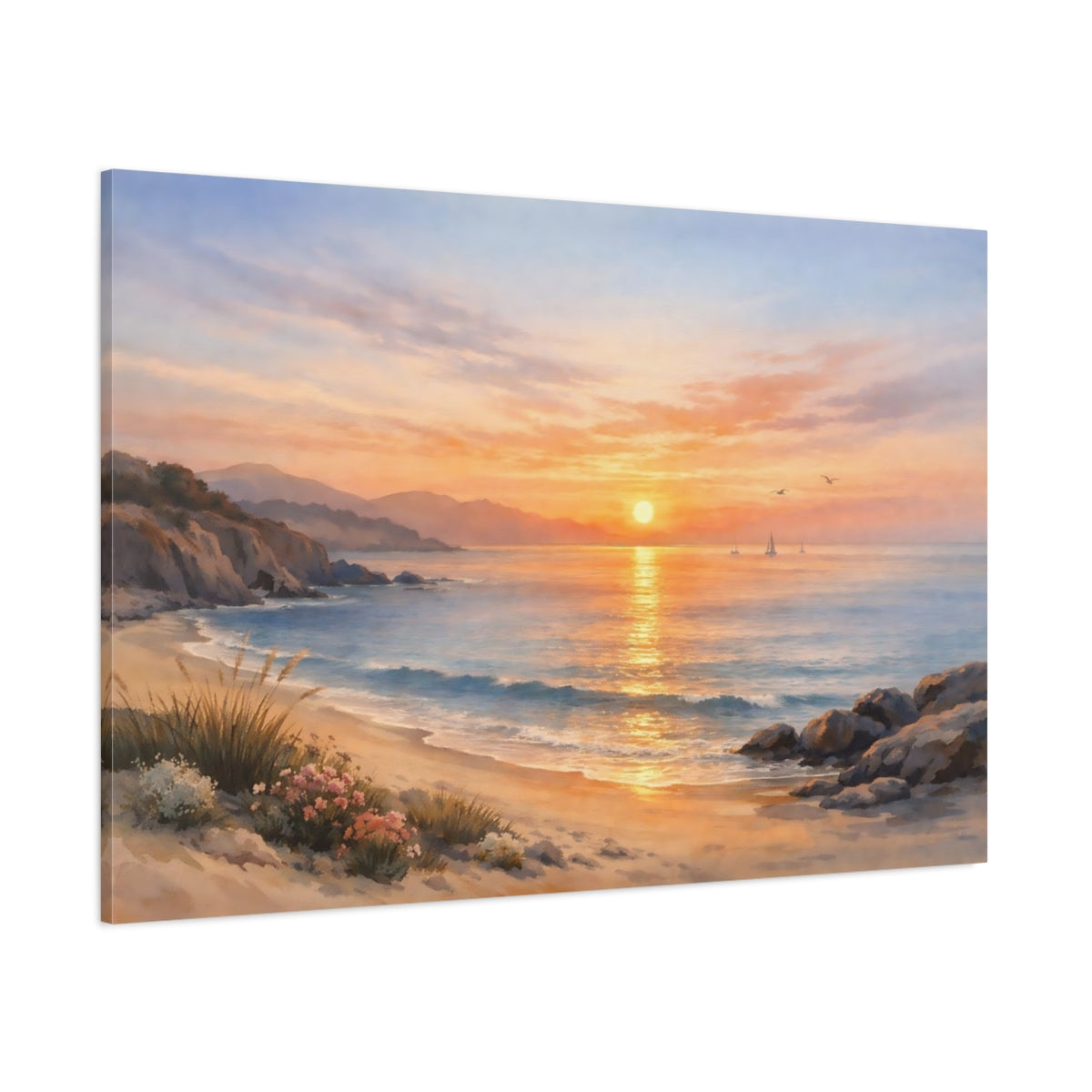 Watercolor Coastal Sunset shown as stretched canvas wall art