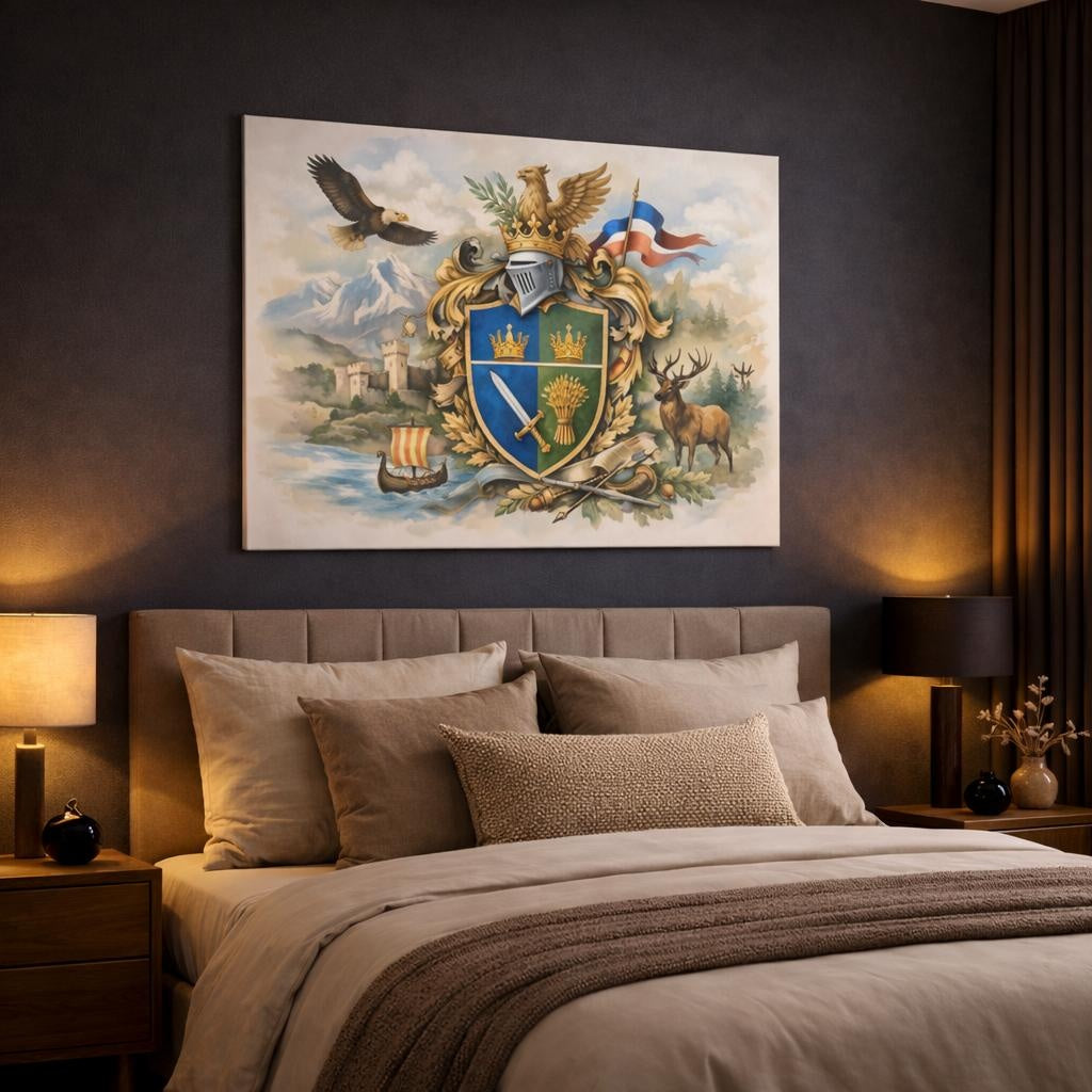 Watercolor Coat Of Arms shown as canvas wall art in a luxury bedroom