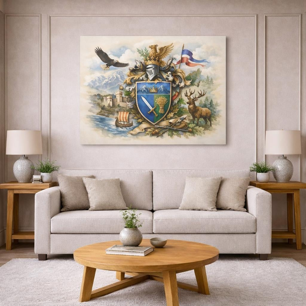 Watercolor Coat Of Arms shown as canvas wall art in a modern living room