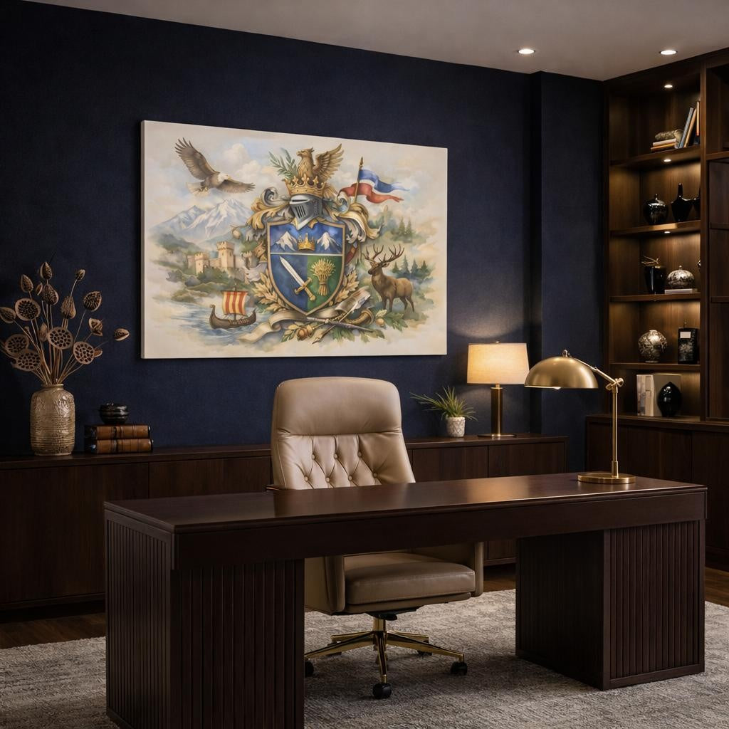 Watercolor Coat Of Arms shown as canvas wall art in a refined dining room