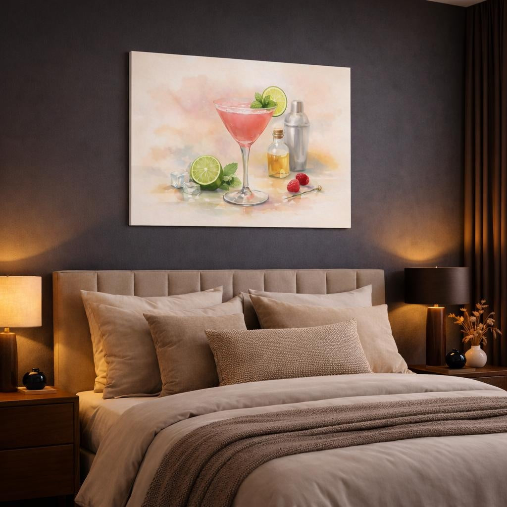 Watercolor Cocktail Glass shown as canvas wall art in a luxury bedroom