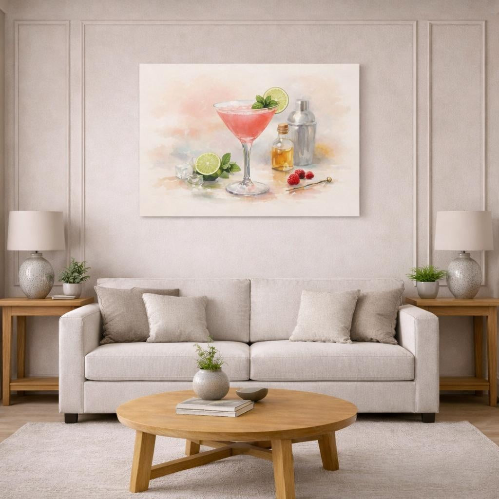 Watercolor Cocktail Glass shown as canvas wall art in a modern living room