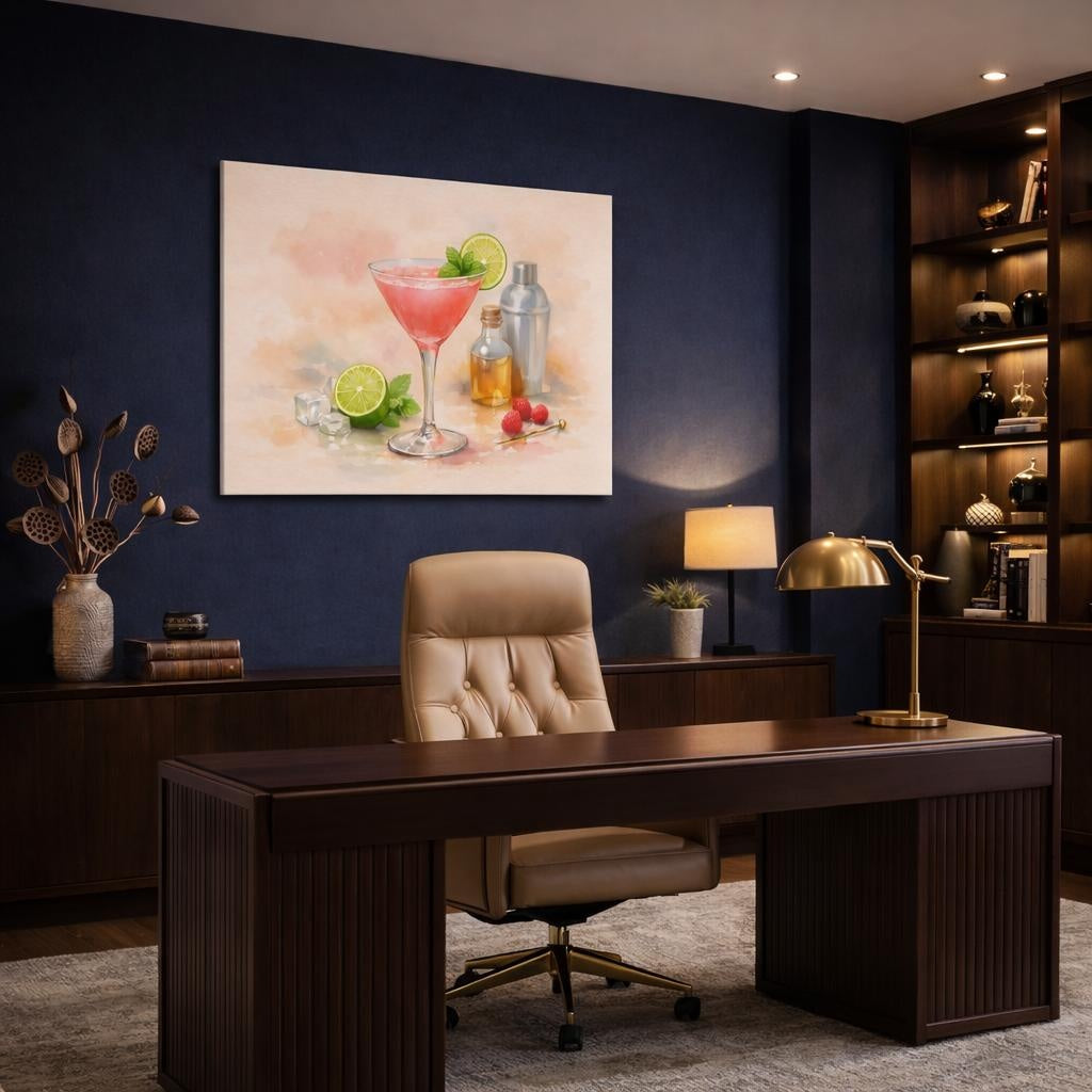 Watercolor Cocktail Glass shown as canvas wall art in a refined dining room