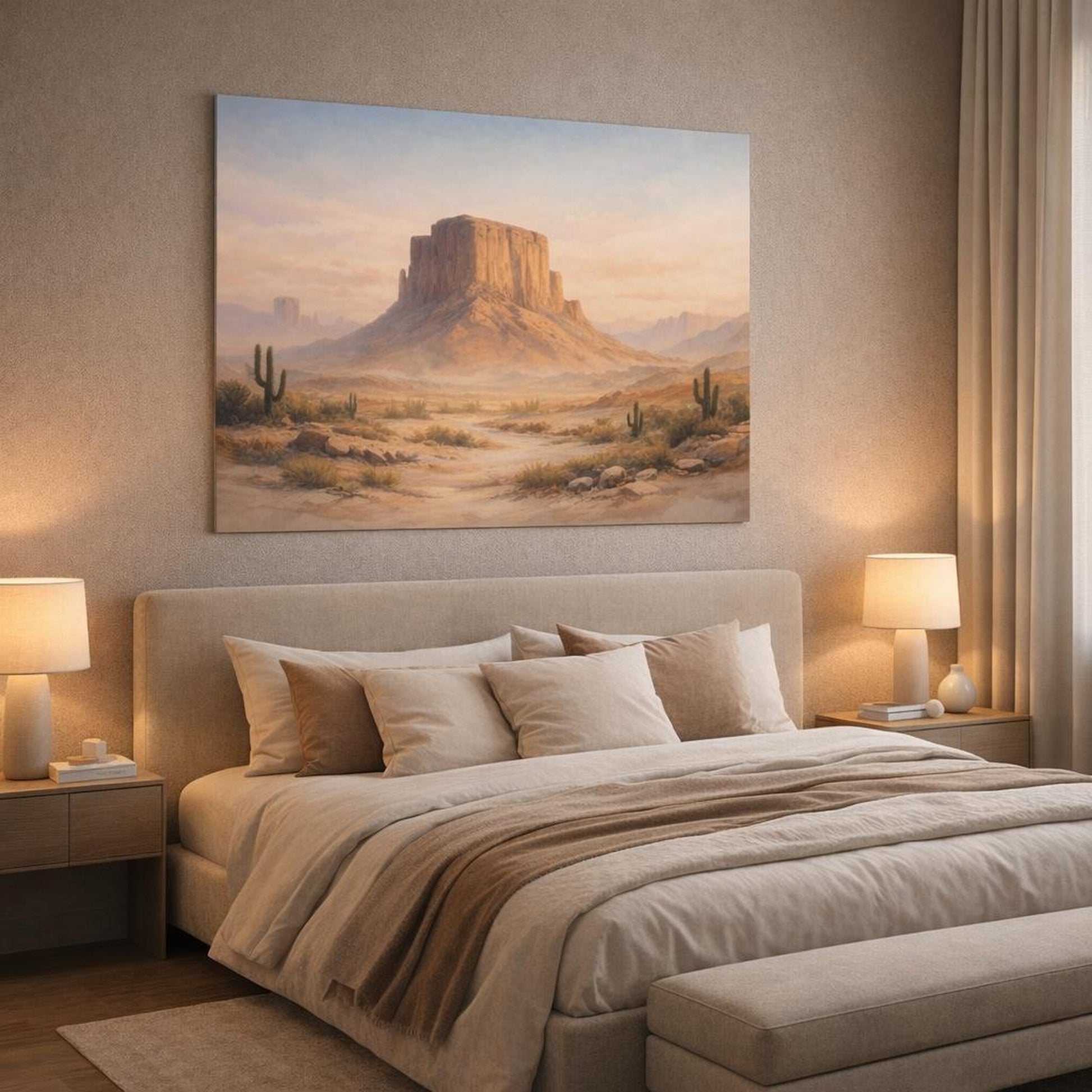 Watercolor Desert Earth shown as canvas wall art in a luxury bedroom