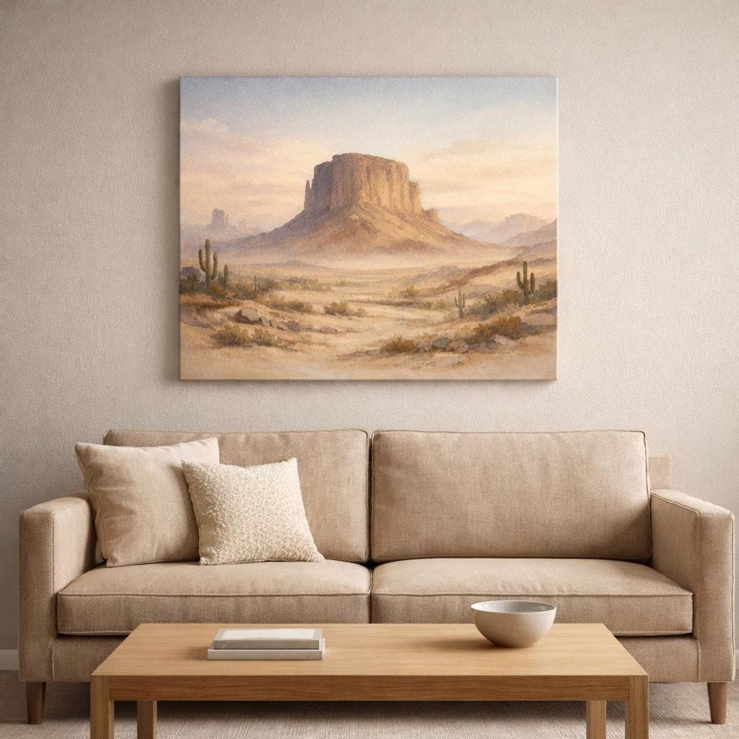 Watercolor Desert Earth shown as canvas wall art in a refined dining room
