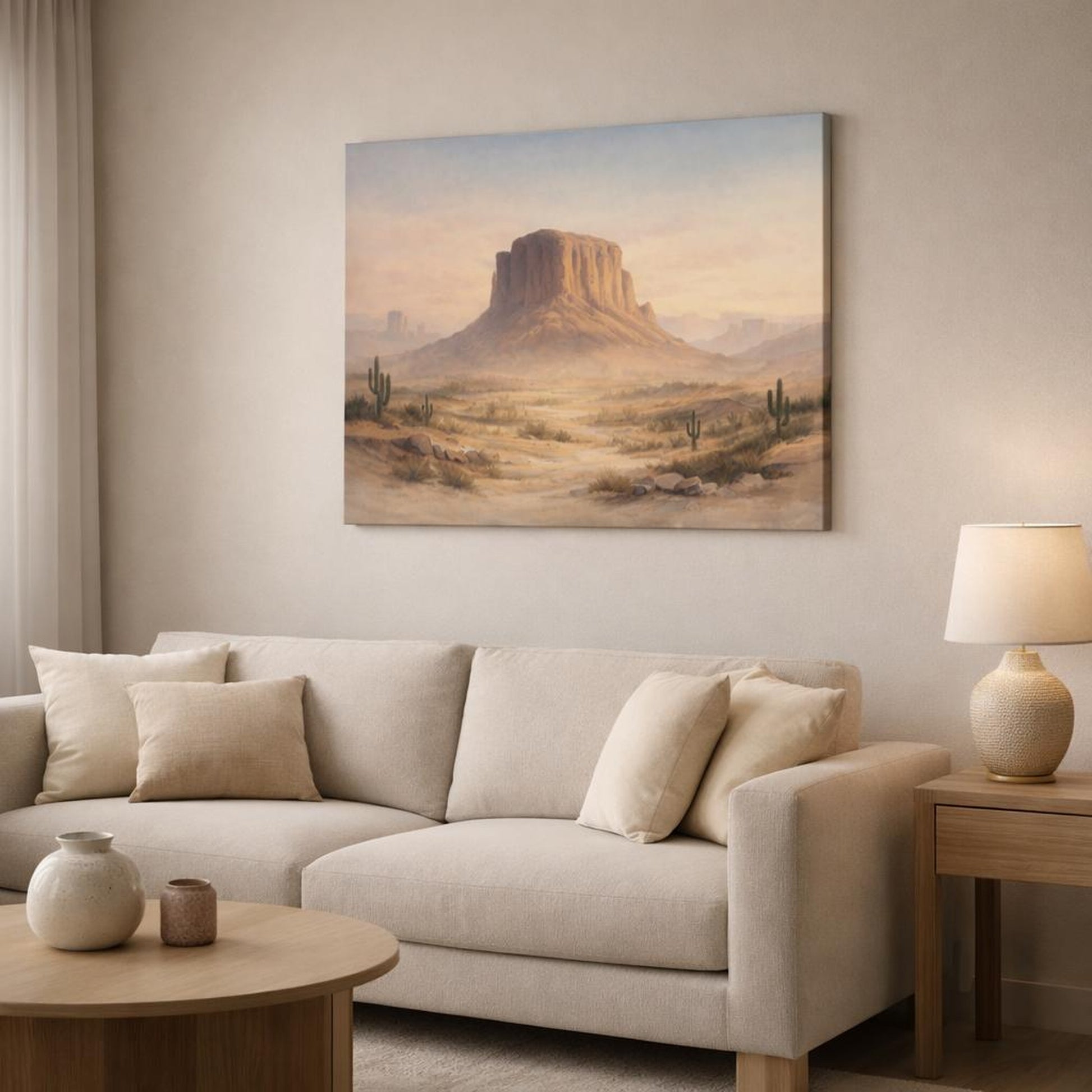 Watercolor Desert Earth shown as canvas wall art in a modern living room