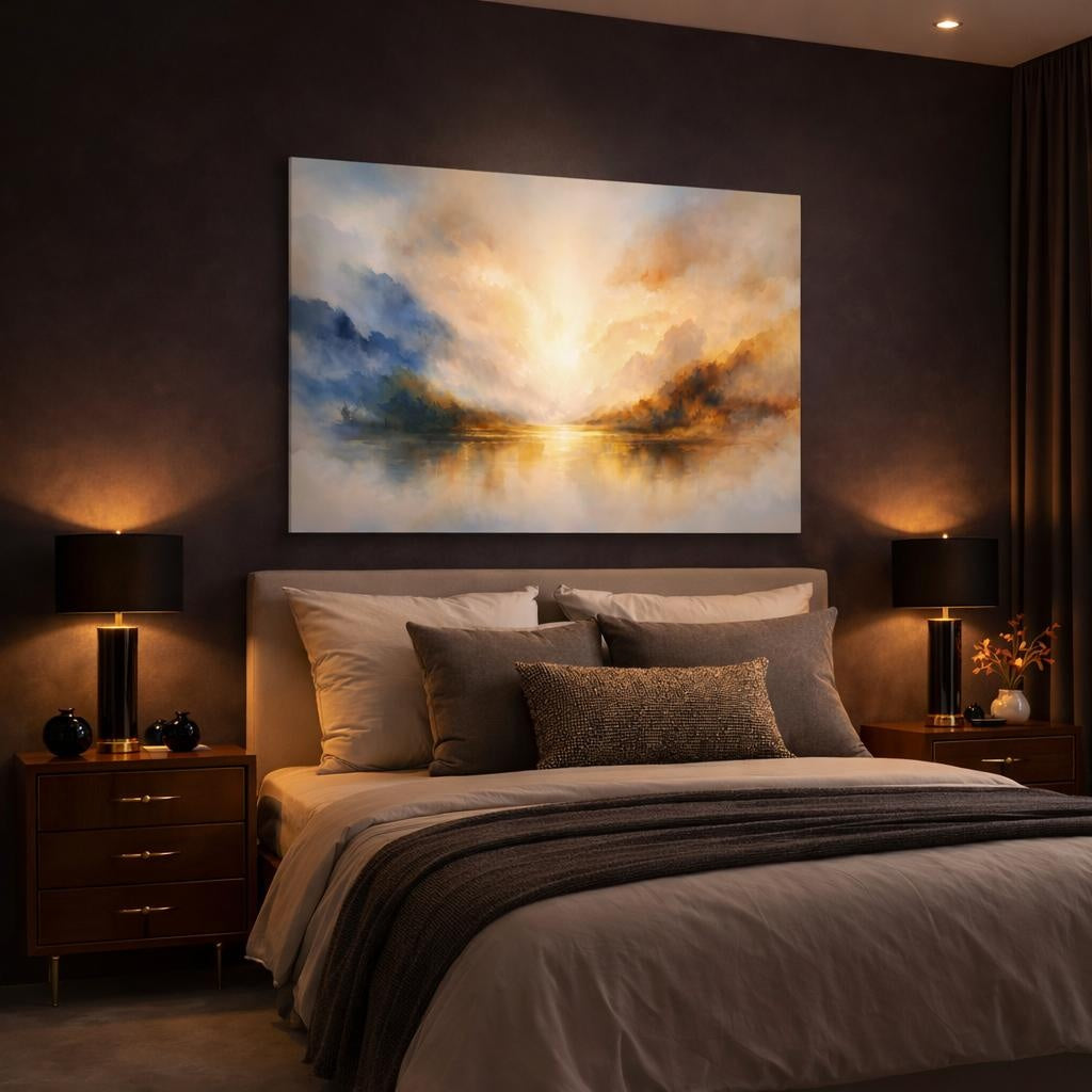 Watercolor Dynamic Abstract shown as canvas wall art in a luxury bedroom