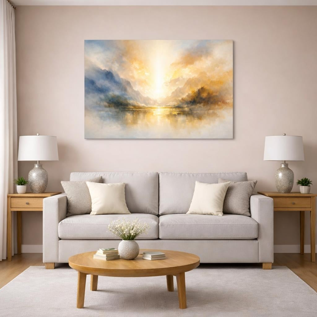 Watercolor Dynamic Abstract shown as canvas wall art in a modern living room