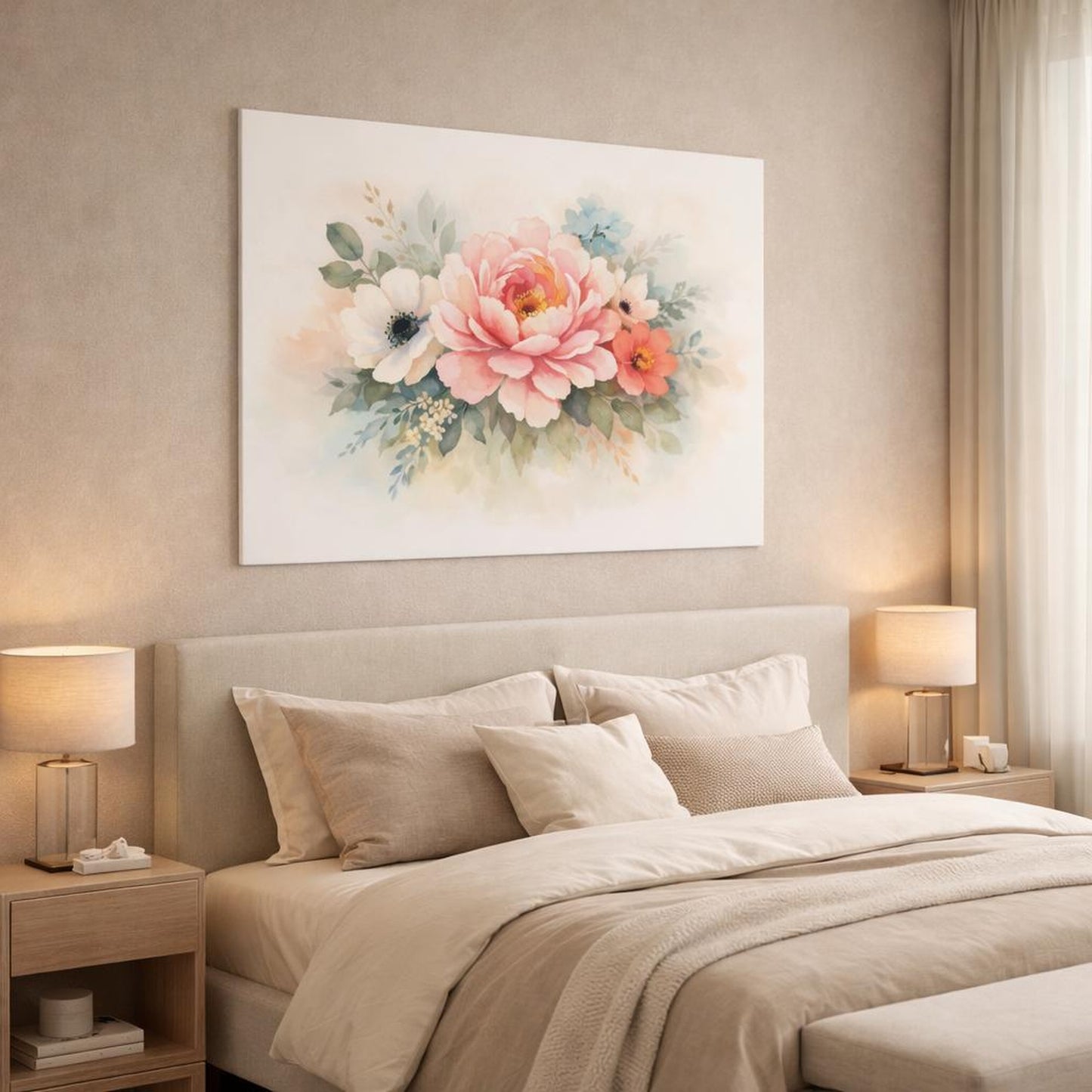 Watercolor Floral Close-Up shown as canvas wall art in a luxury bedroom