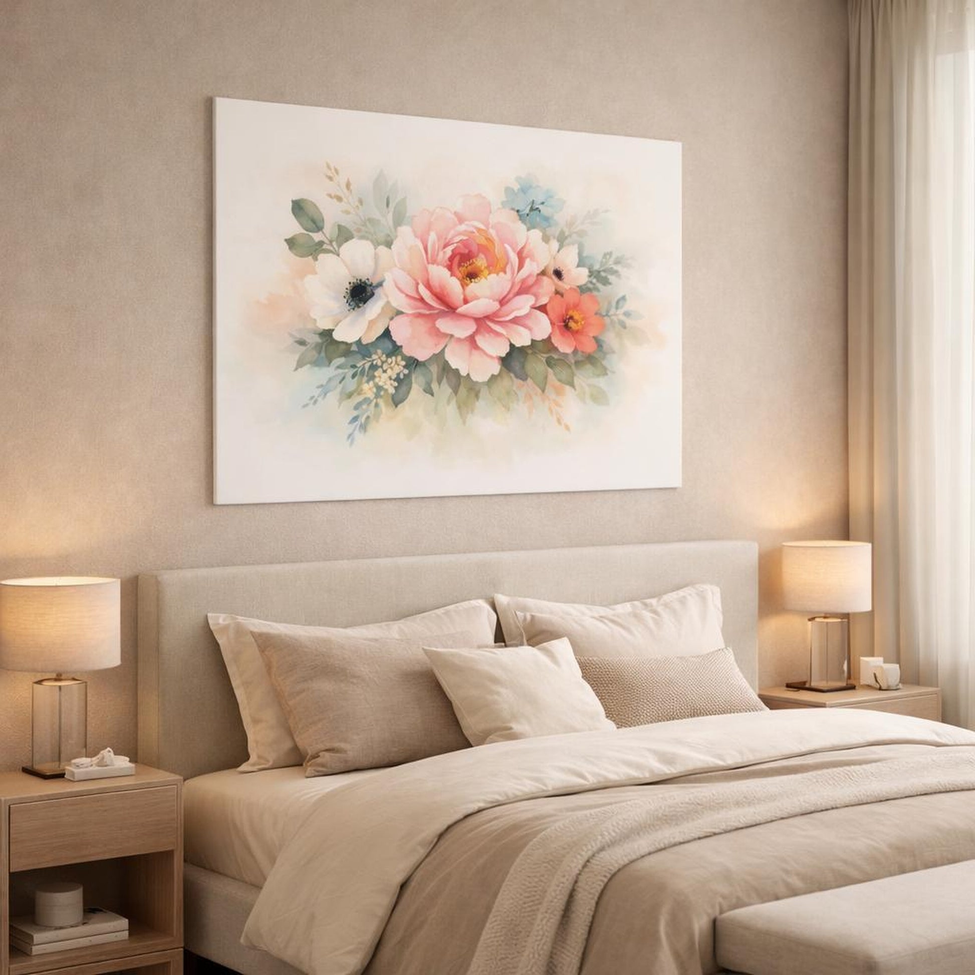 Watercolor Floral Close-Up shown as canvas wall art in a luxury bedroom