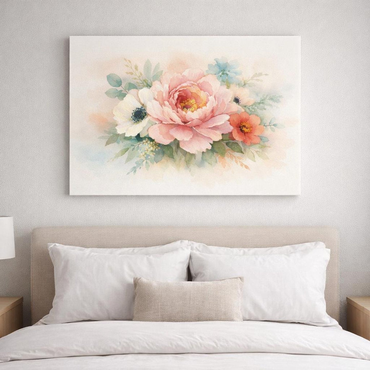 Watercolor Floral Close-Up shown as canvas wall art in a refined dining room