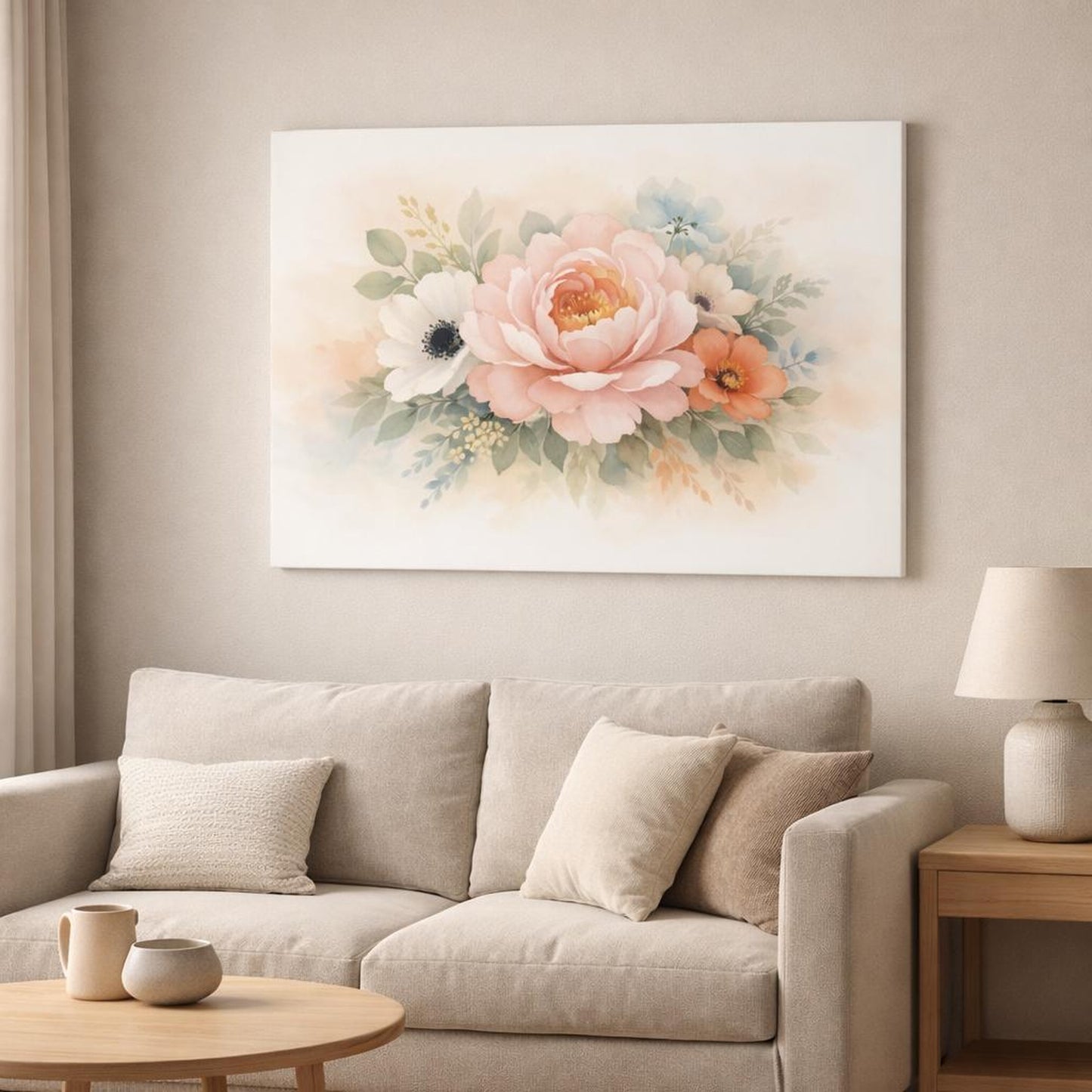 Watercolor Floral Close-Up shown as canvas wall art in a modern living room