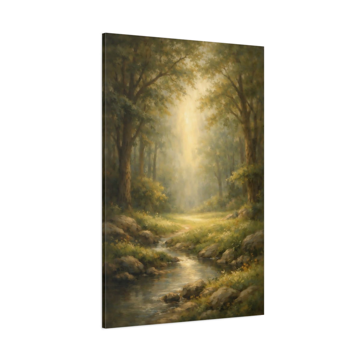 Main Mockup. Watercolor Forest Opening Light Scene shown as stretched canvas wall art
