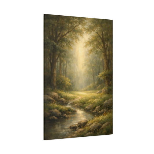 Main Mockup. Watercolor Forest Opening Light Scene shown as stretched canvas wall art