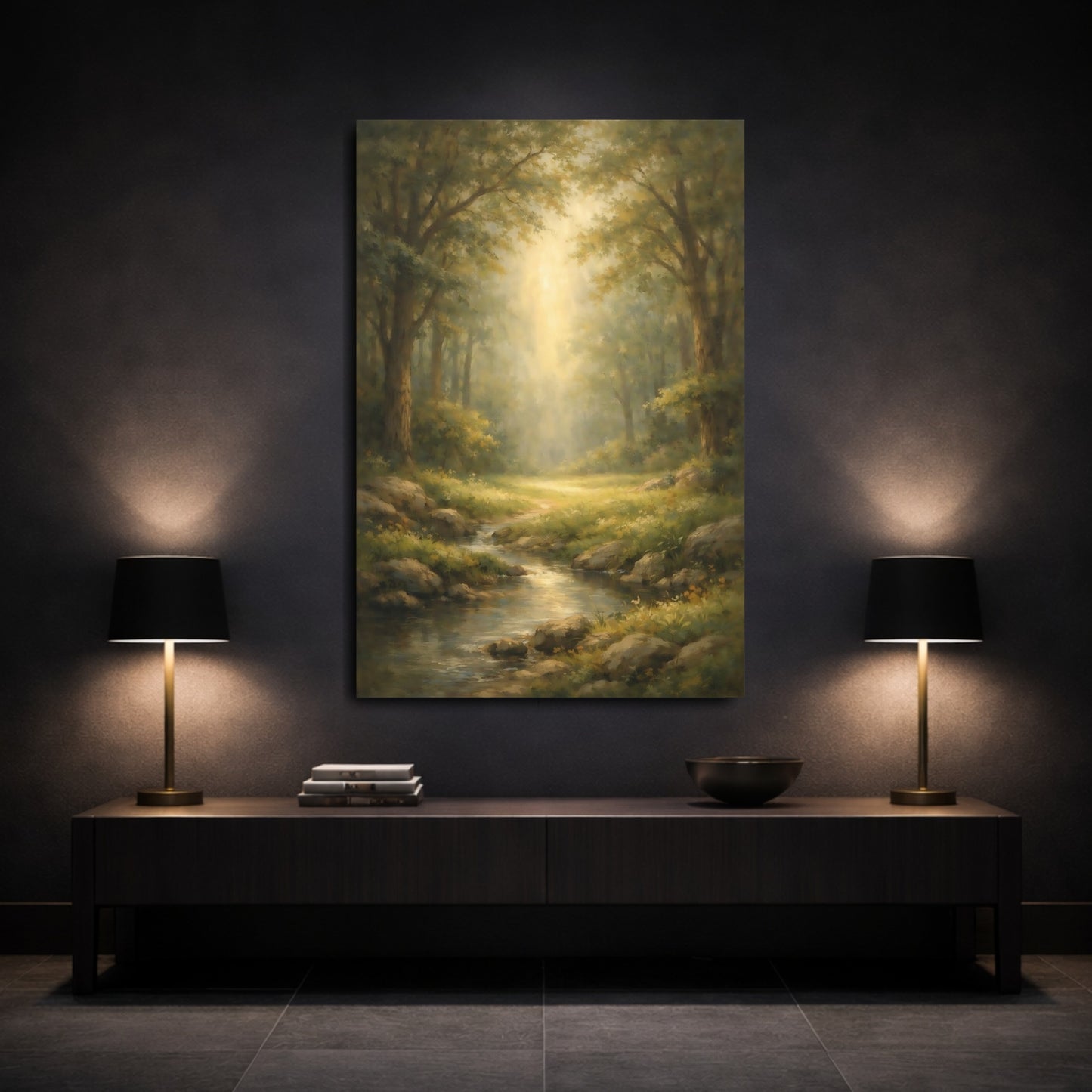 Mockup 2. Watercolor Forest Opening Light Scene shown as stretched canvas wall art
