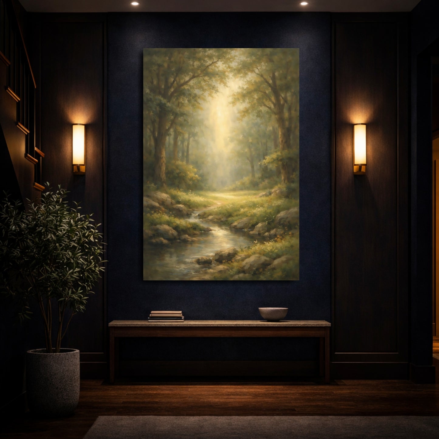 Mockup 3. Watercolor Forest Opening Light Scene shown as stretched canvas wall art