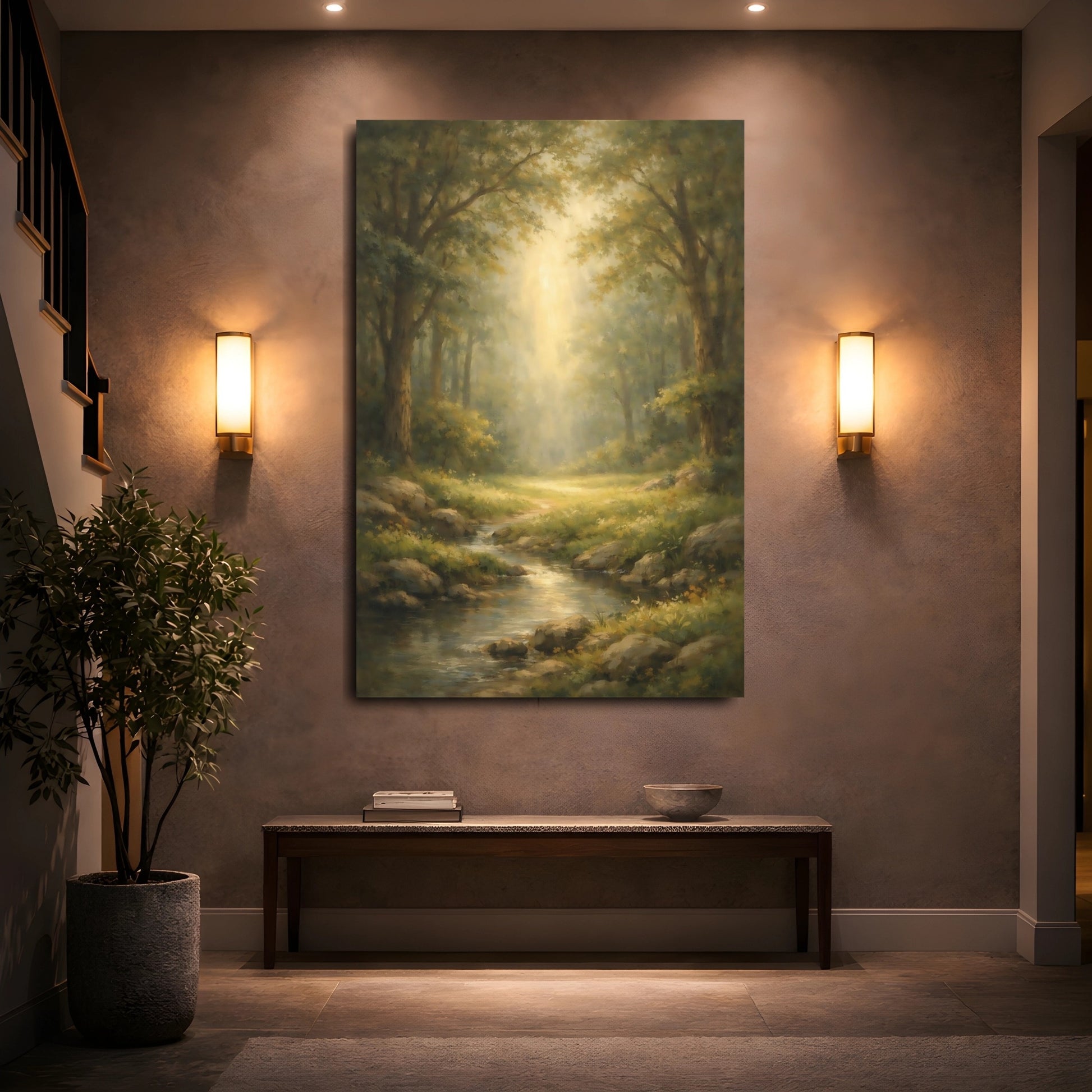 Mockup 4. Watercolor Forest Opening Light Scene shown as stretched canvas wall art
