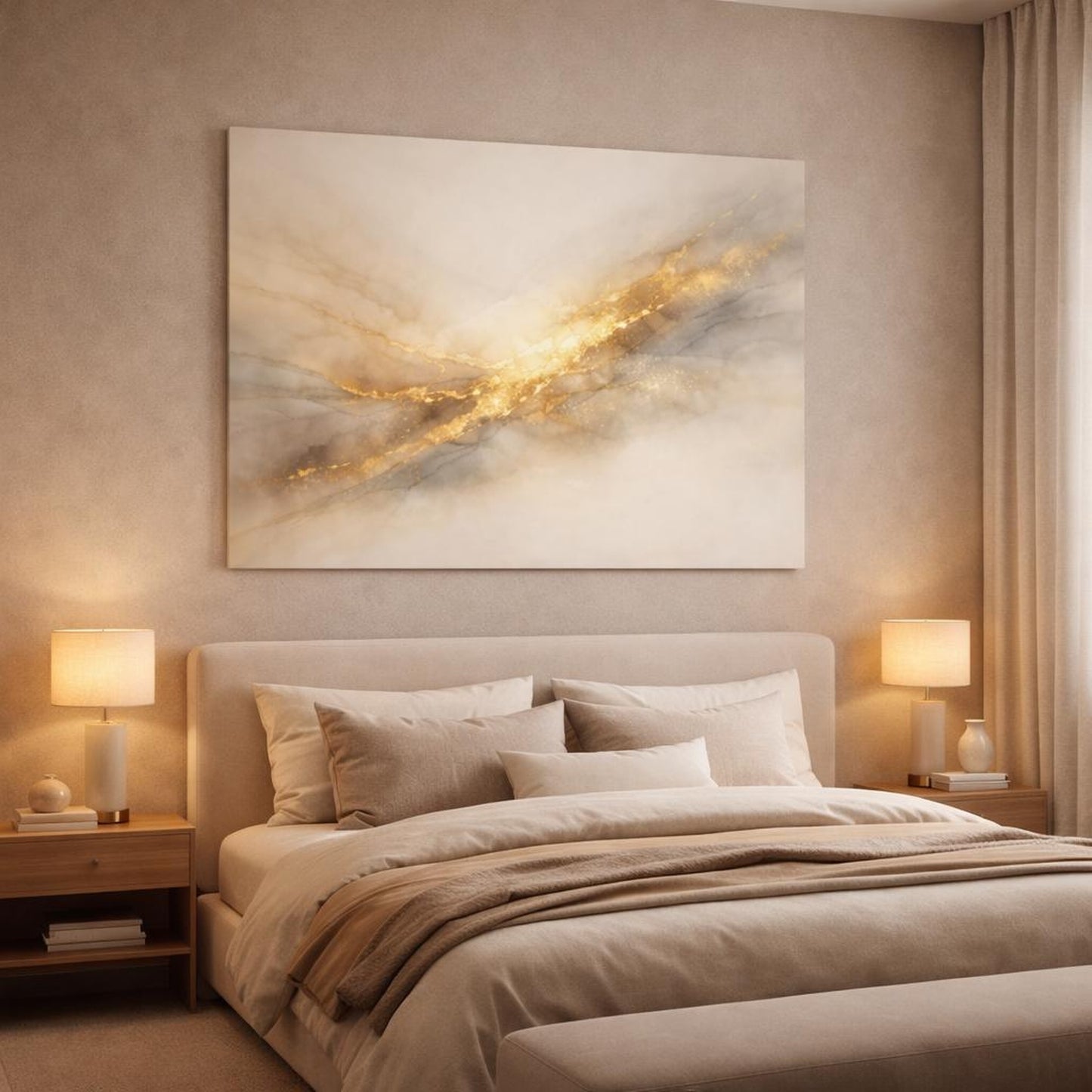 Watercolor Gold Abstract shown as canvas wall art in a luxury bedroom