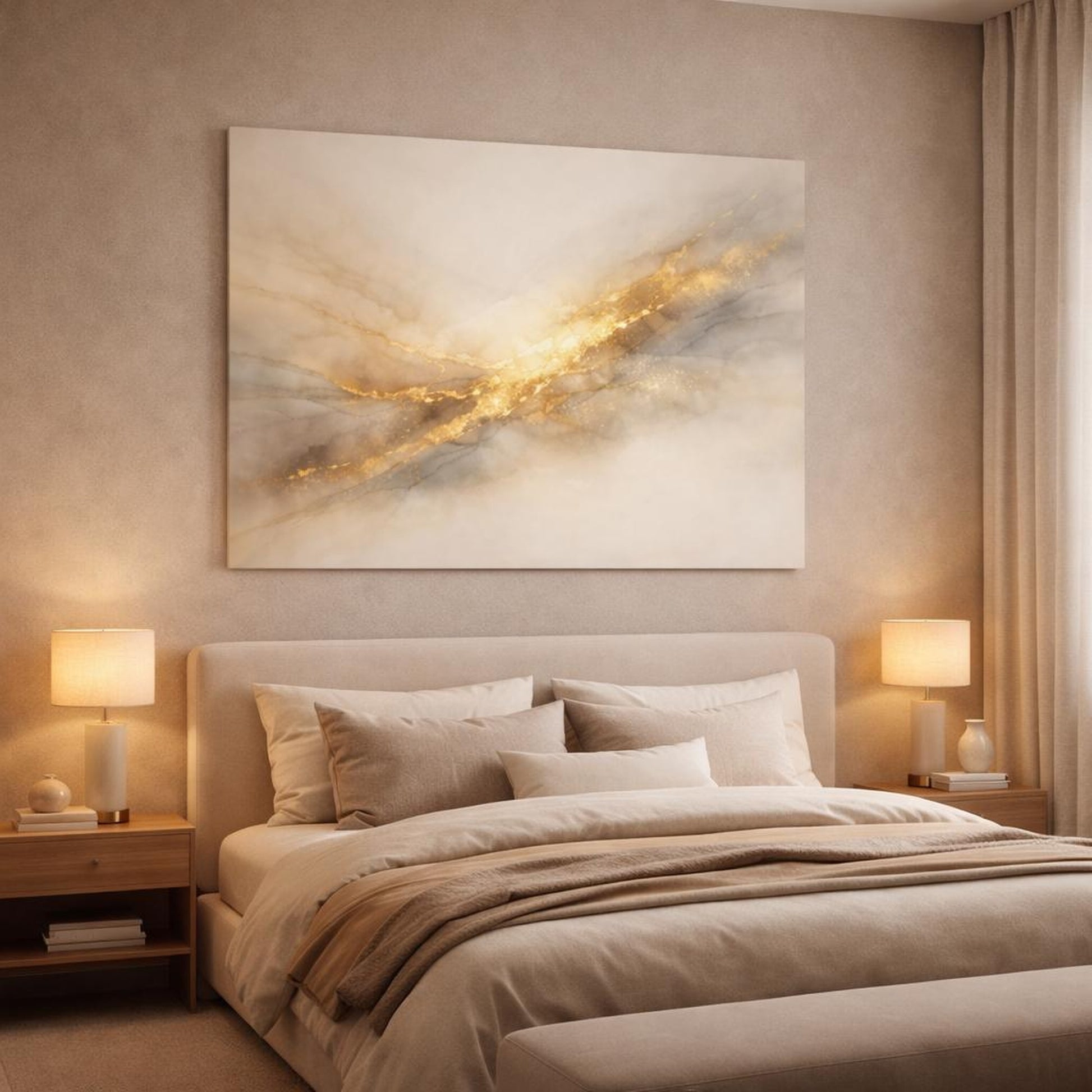 Watercolor Gold Abstract shown as canvas wall art in a luxury bedroom