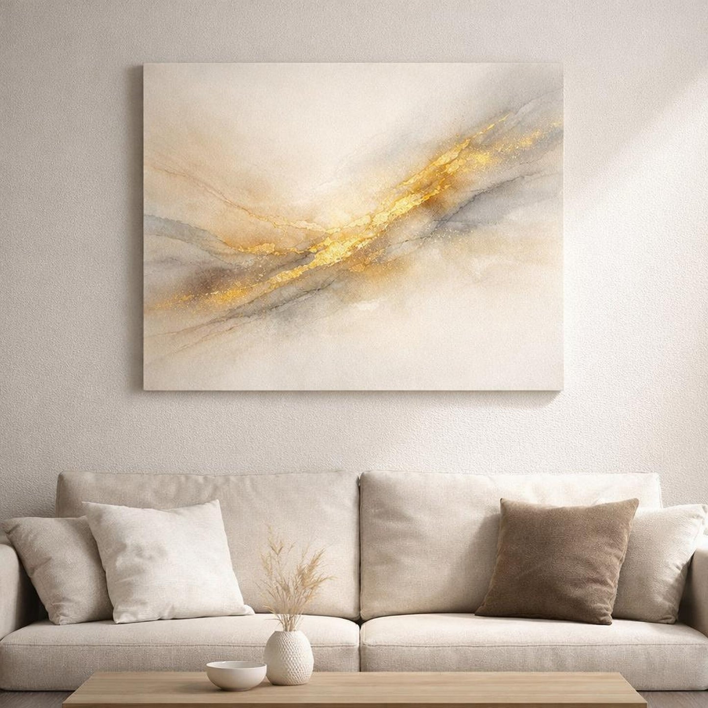 Watercolor Gold Abstract shown as canvas wall art in a luxury executive office