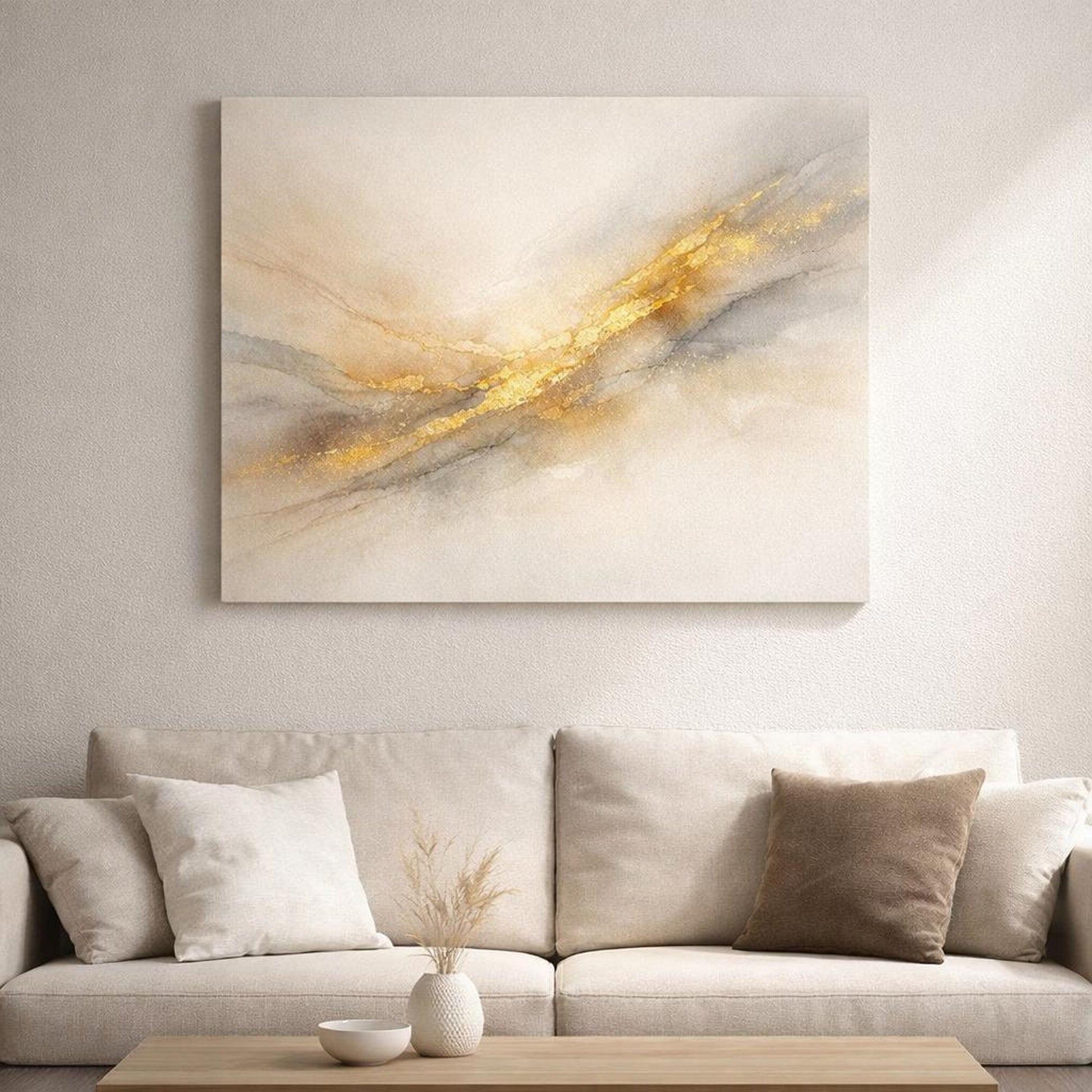 Watercolor Gold Abstract shown as canvas wall art in a luxury executive office