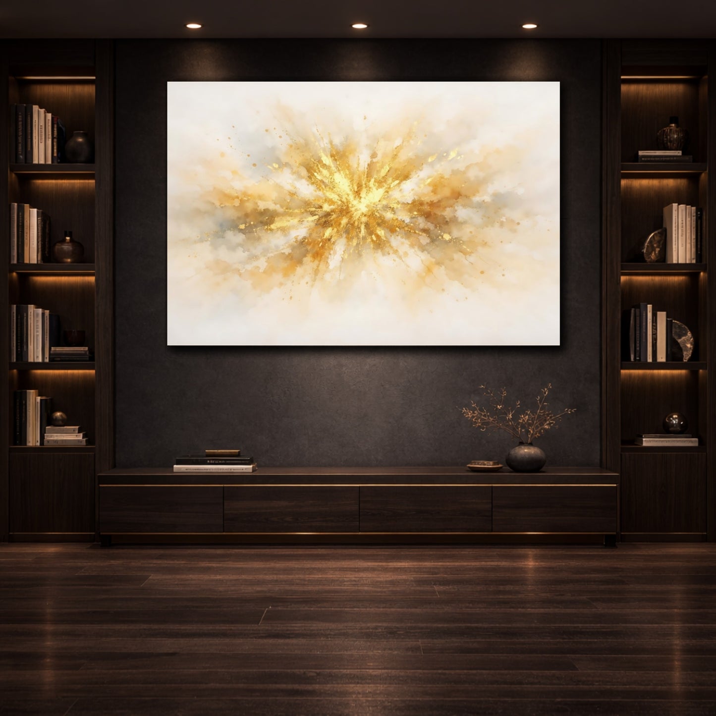 Mockup 2. Watercolor Gold Abstract shown as stretched canvas wall art