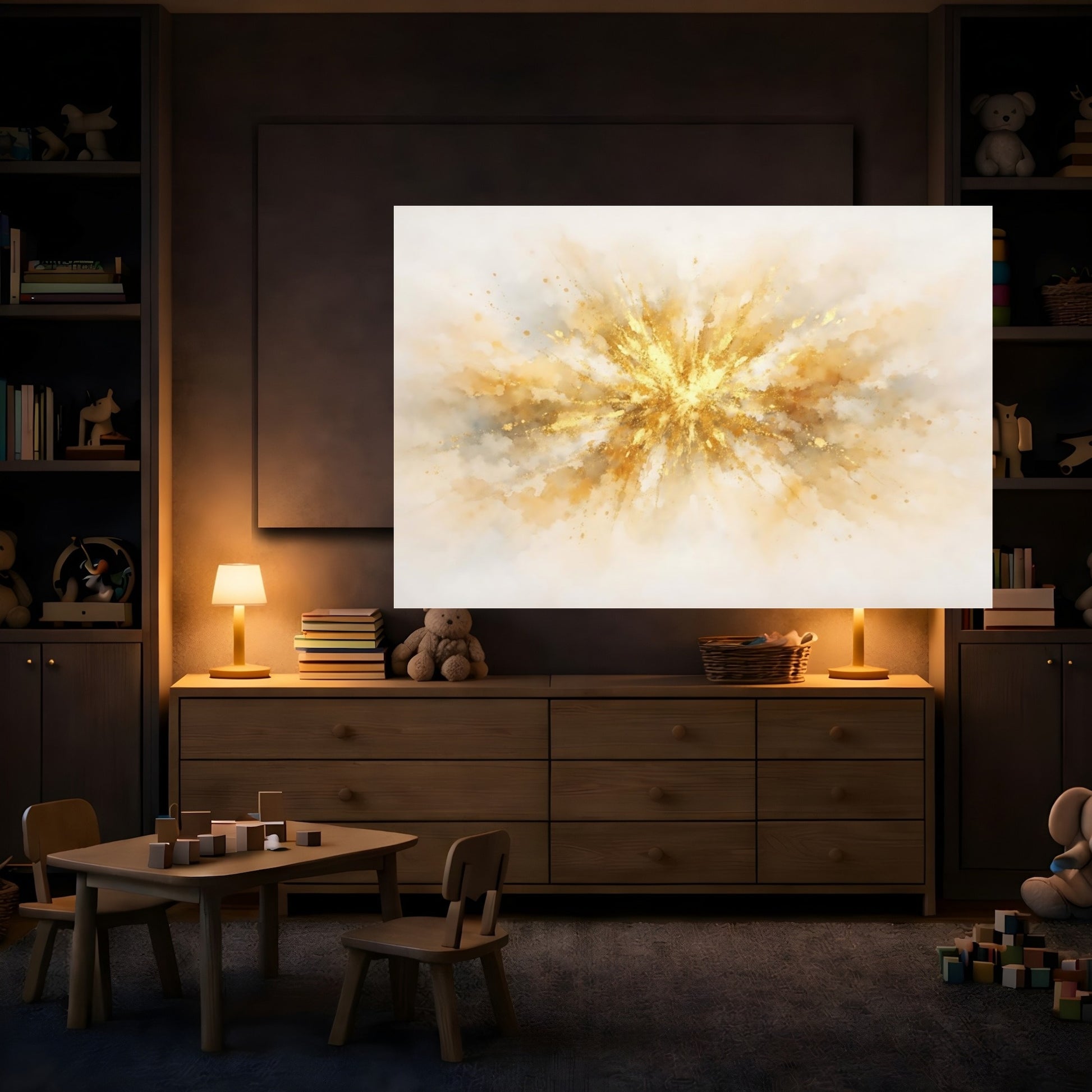 Mockup 3. Watercolor Gold Abstract shown as stretched canvas wall art