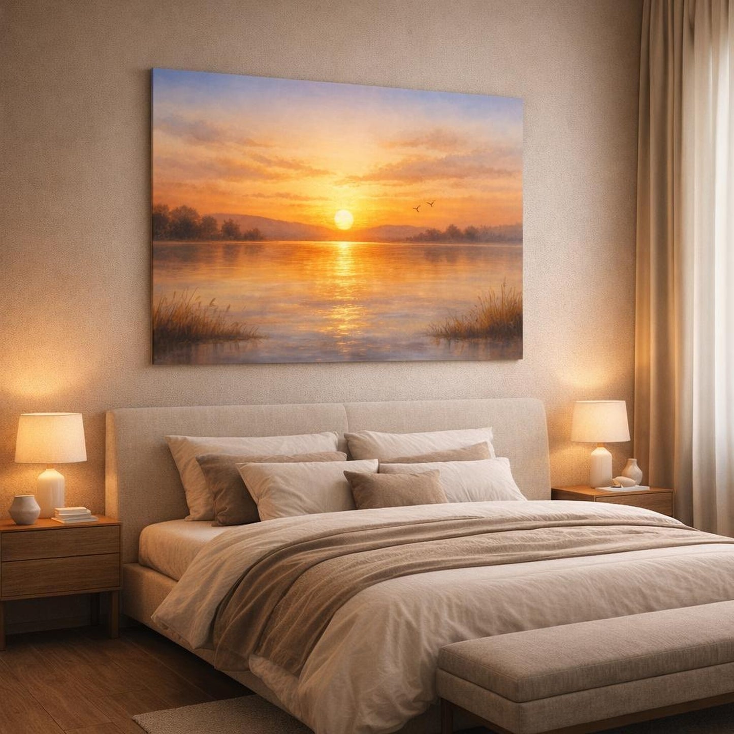 Watercolor Golden Sunset shown as canvas wall art in a luxury bedroom